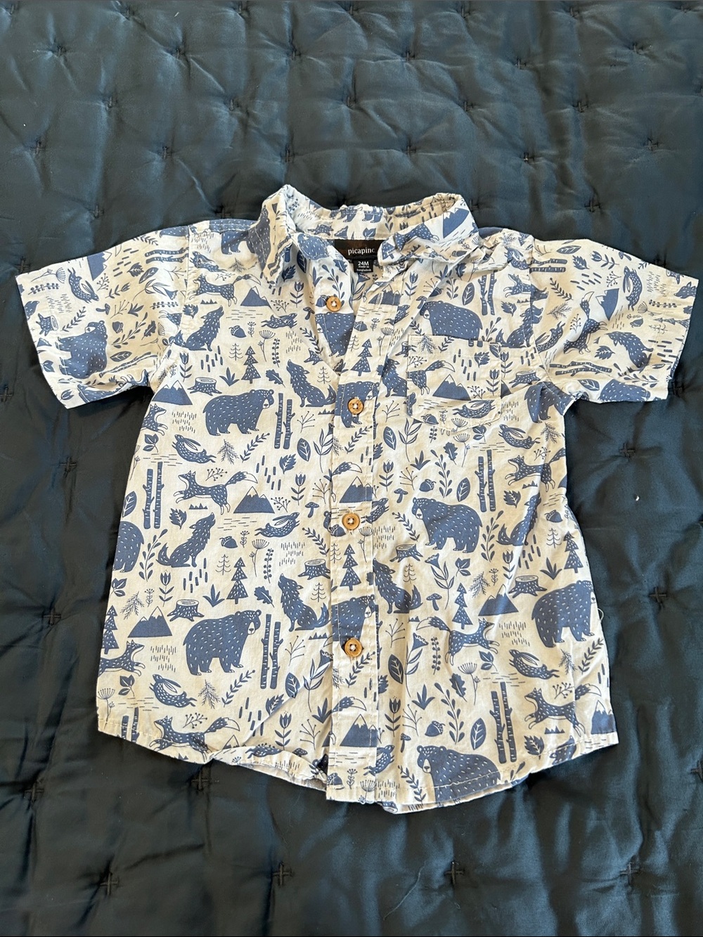 Pact Boys Short-Sleeve Bear Print Button-Front Shirt - Blue & White